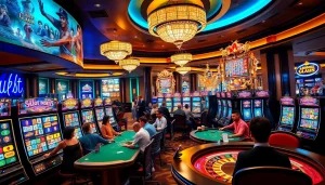 Experience the thrill of slot depo 5rb with players at vibrant slot machines and casino tables.