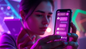 Immersive NSFW AI chat interface with vibrant colors, showcasing human interaction with technology.