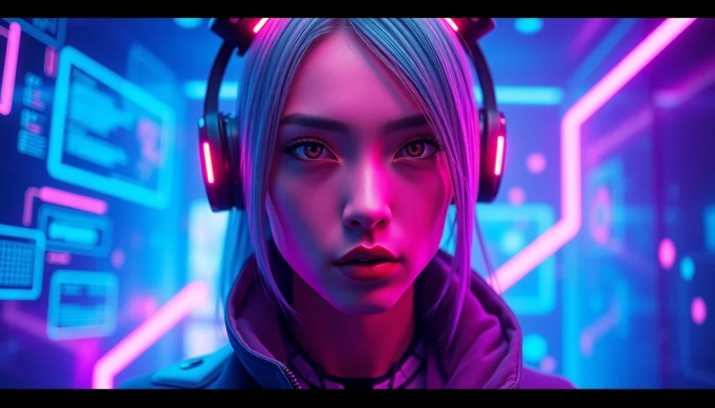 AI NSFW character in a vibrant digital space with neon colors and ambient lighting.