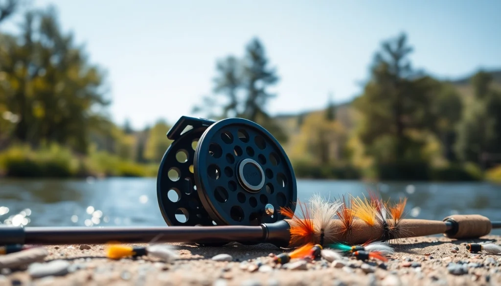 Showcasing a Fly fishing kit with vibrant flies and equipment by a peaceful riverbank.