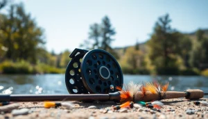 Showcasing a Fly fishing kit with vibrant flies and equipment by a peaceful riverbank.
