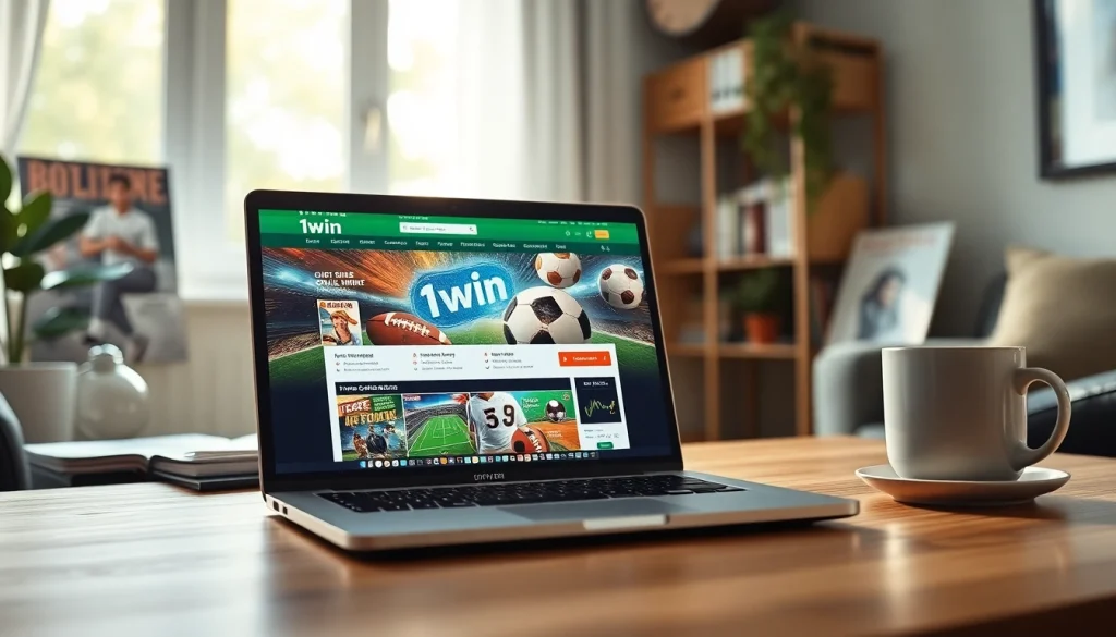 1win giris platformu nümayiş etdirən müasir noutbuk, rahat ofis şəraiti.
