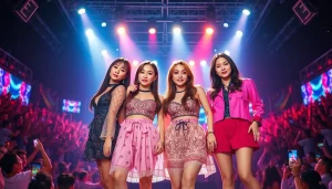 Performance of the blackpink members Jisoo, Jennie, Rosé, and Lisa exuding energy on stage.