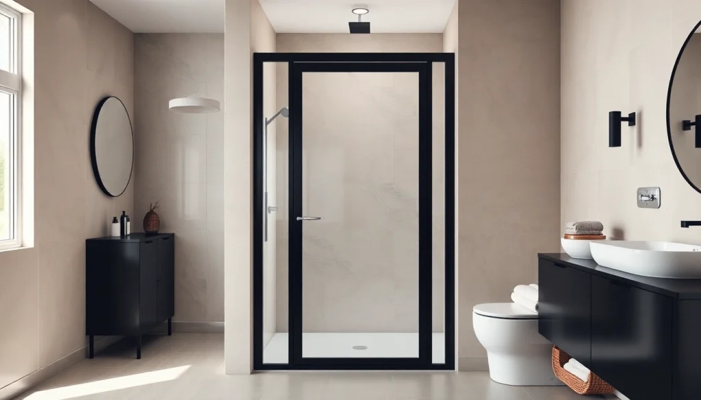 Stylish bathroom showcasing a shower door black frame with elegant minimalist design elements.