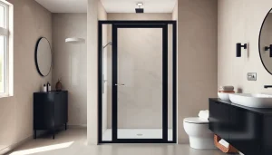 Stylish bathroom showcasing a shower door black frame with elegant minimalist design elements.