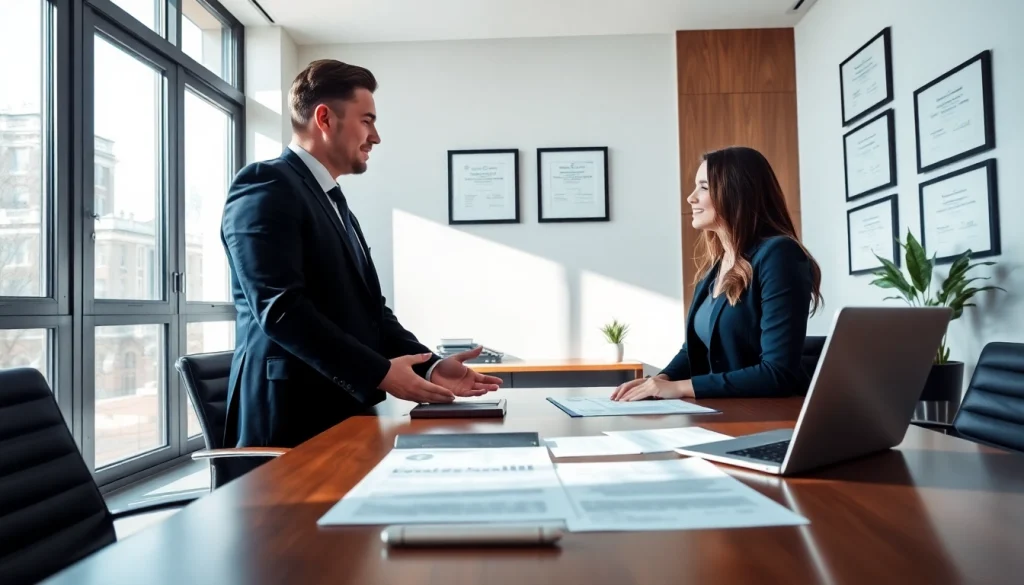 Real estate lawyer advising clients in a modern office with legal documents.