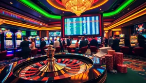 Betting excitement at llink alternatif sbobet with roulette, poker chips, and live odds display in a luxurious casino.