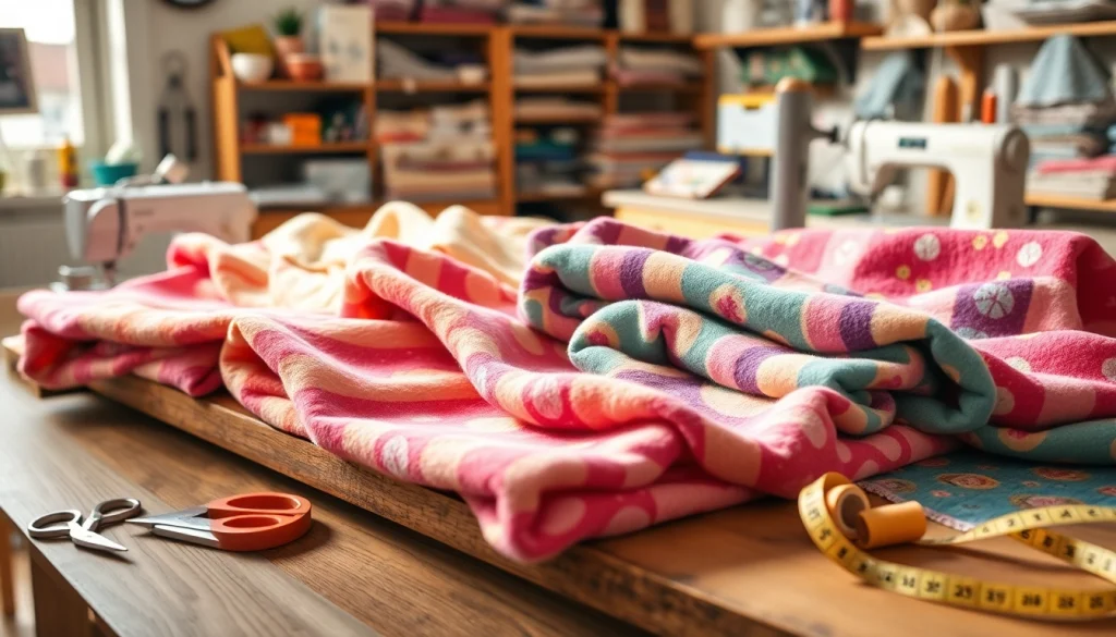 Fleece stof prints met kleurrijke patronen op een houten tafel, omgeven door naaigereedschap.