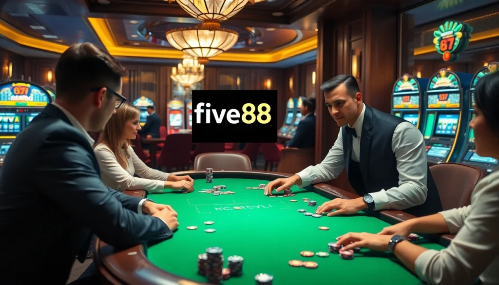 Players enjoying the thrill of poker at five88 casino, showcasing high-stakes excitement and vibrant atmosphere.
