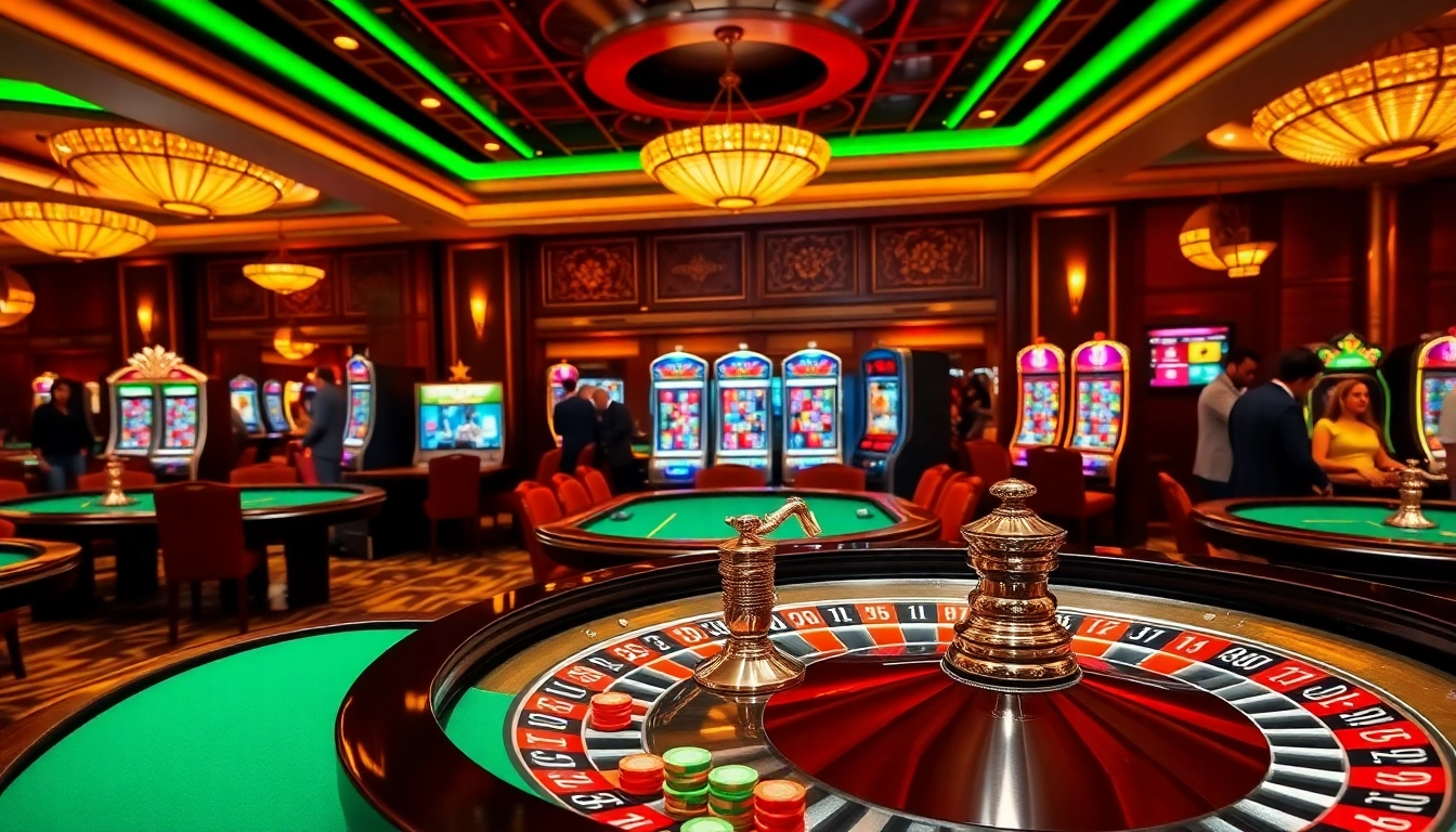Exciting gambling atmosphere at Trang chủ QQ88 with roulette and slot machines.