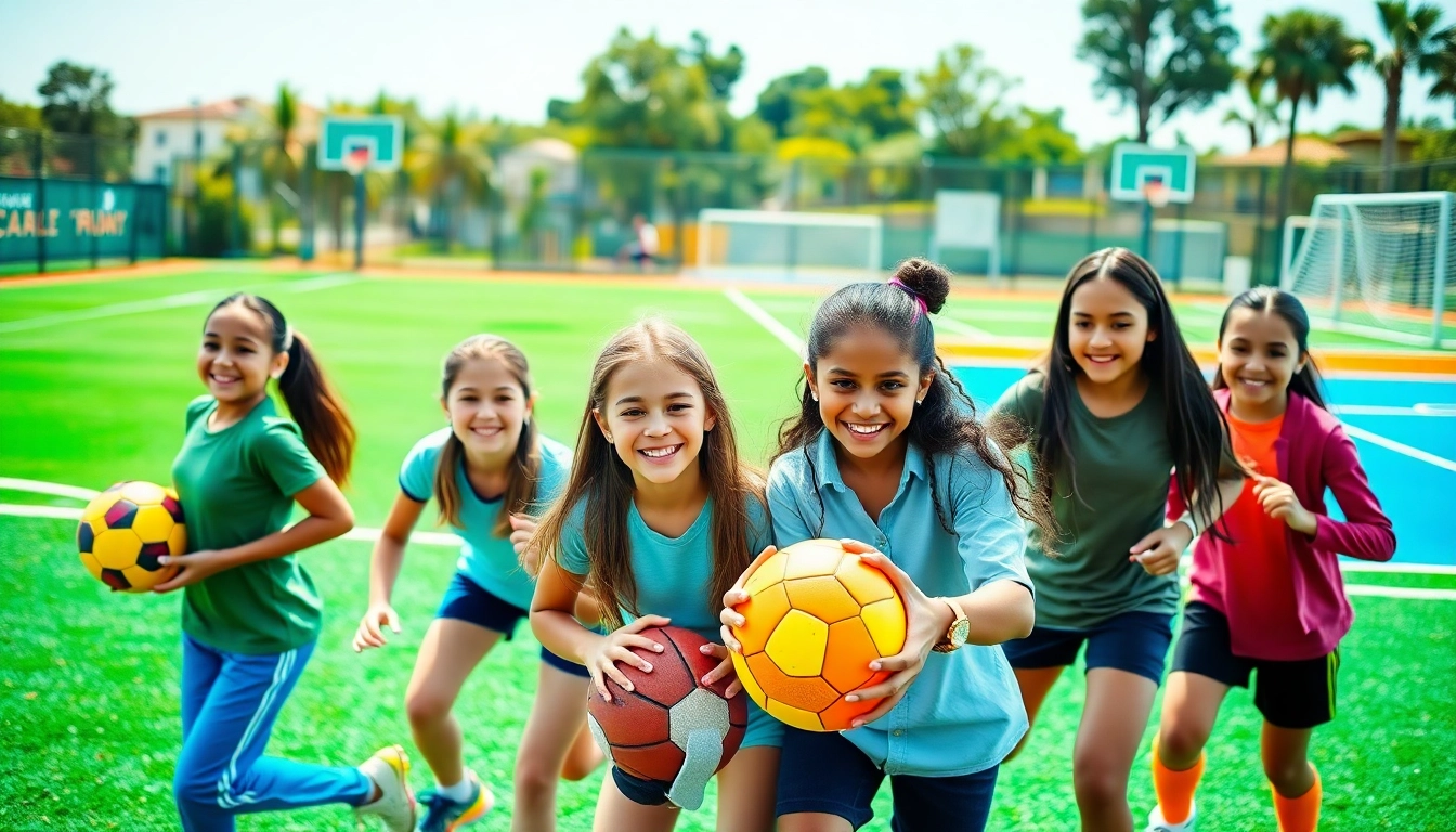Girls participating in Multi Sports Camps for Girls, showcasing teamwork and diverse activities outdoors.