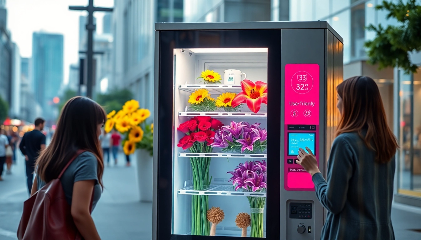 Flower vending machine displaying vibrant bouquets, inviting urban shoppers to purchase fresh flowers anytime.