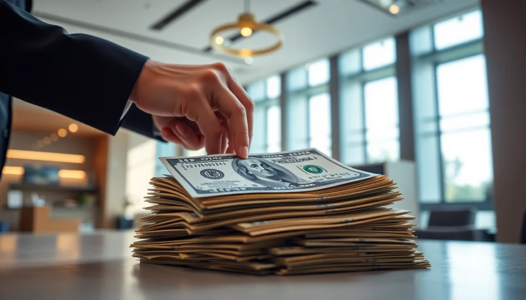 Menyerahkan deposit 1k dengan uang tunai dalam suasana bank yang profesional.