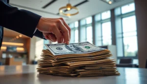 Menyerahkan deposit 1k dengan uang tunai dalam suasana bank yang profesional.