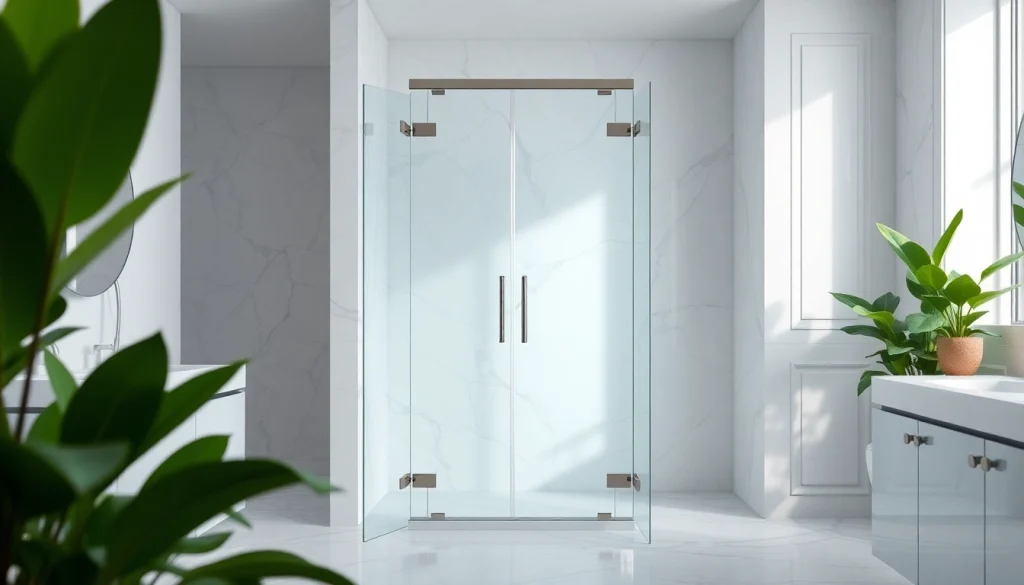 Stylish shower screen door enhancing a modern bathroom aesthetic with sleek design and soft lighting.