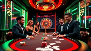 Exciting players engaging in a game at BK8 casino table with vibrant colors.
