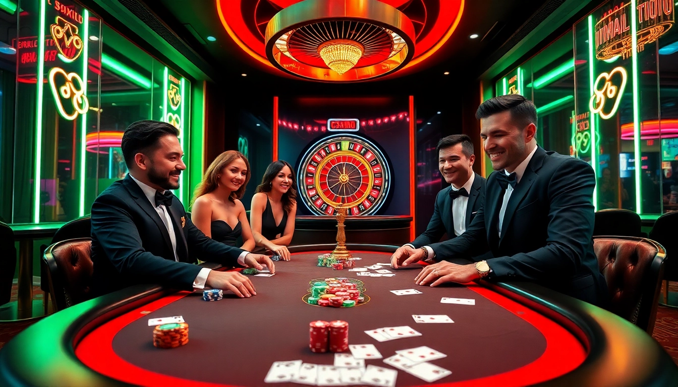 Exciting players engaging in a game at BK8 casino table with vibrant colors.