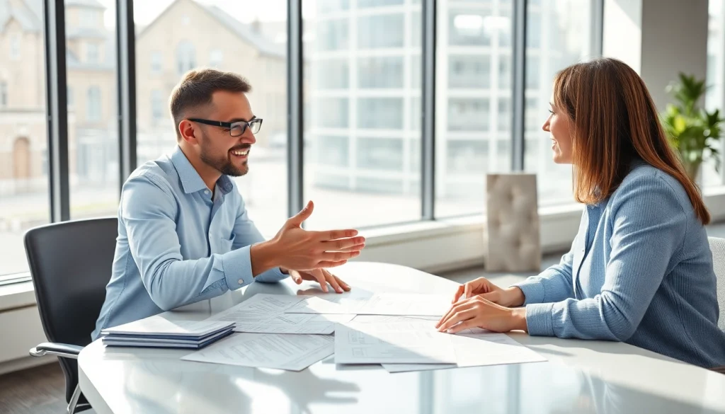 Consultation with an extended warranty provider, showcasing advisor-client interaction in a modern office.