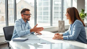 Consultation with an extended warranty provider, showcasing advisor-client interaction in a modern office.