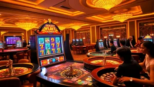 Rasakan sensasi bermain slot deposit pulsa tanpa potongan di meja kasino yang ramai dan mesin slot.