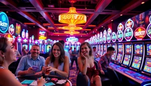 Slot777 permainan mesin slot yang ramai dengan pengunjung yang bersemangat.