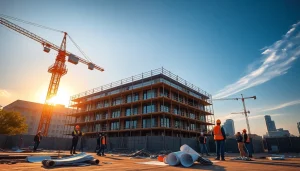 Austin construction site with a diverse team working on a modern building project.