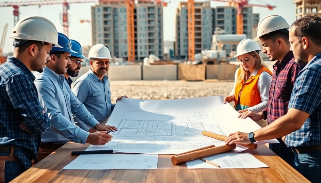 Collaboration among Southern California contractors association members over project blueprints.