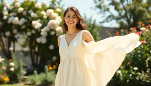 Linnen jurken voor dames in een zomerse tuin, elegant geposeerd en stralend.