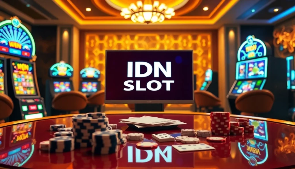 Experience thrilling online gaming with idnslot on a luxurious casino interface featuring vibrant slot machines.