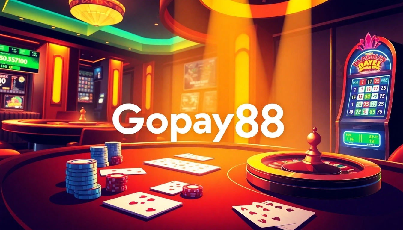 Experience the excitement of Gopay88 platform with vibrant casino elements, including poker chips and a roulette wheel.