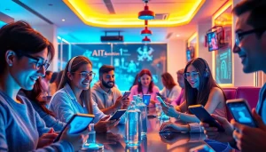 Engaging users interacting with free NSFW AI chatbots in a futuristic cafe environment.