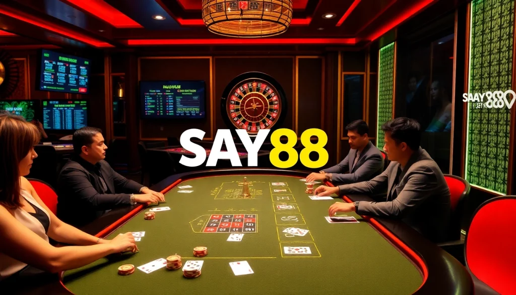 Exciting poker game at SAY88 casino with vibrant chips and cards on the table.