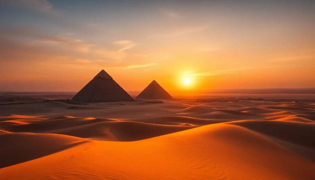 Aerial view of the stunning piraminds in Giza at sunset, highlighting their ancient majesty.