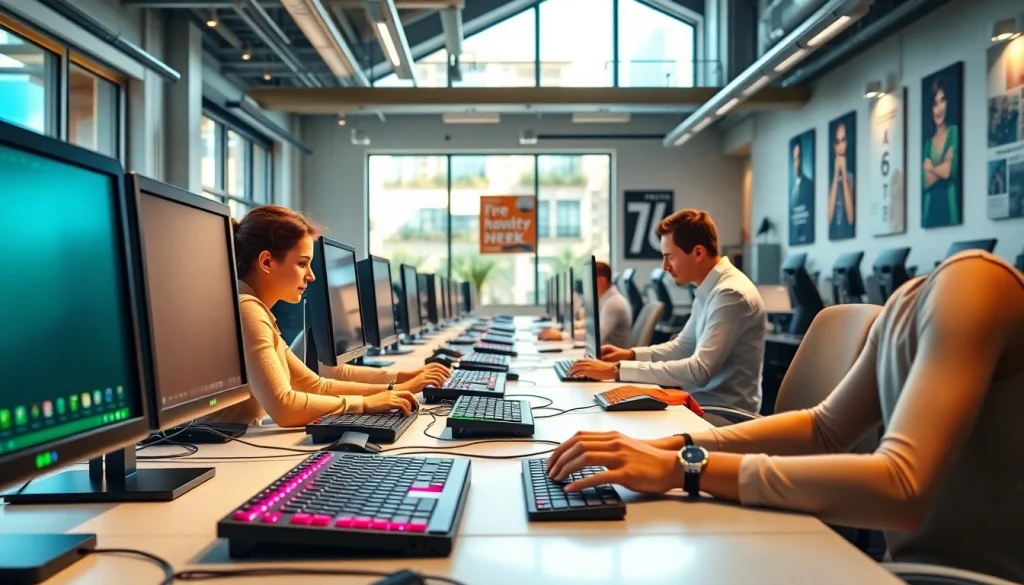 Typing center showcasing professionals engaged at modern workstations with computers.
