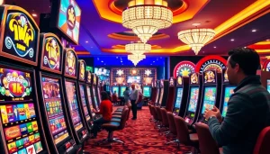 Para pemain menikmati pengalaman kasino yang mendebarkan di Slot Depo 1K dengan mesin slot yang ceria dan chip berwarna-warni.