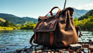 Explore a durable fly fishing bag showcasing its key attributes on a scenic riverbank.