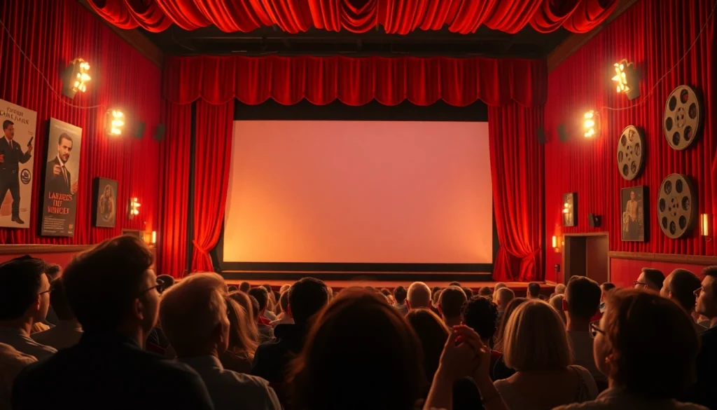 ดูหนัง ในโรงภาพยนตร์ที่มีบรรยากาศเป็นกันเอง แสงไฟอบอุ่น และผู้ชมที่ตื่นเต้น