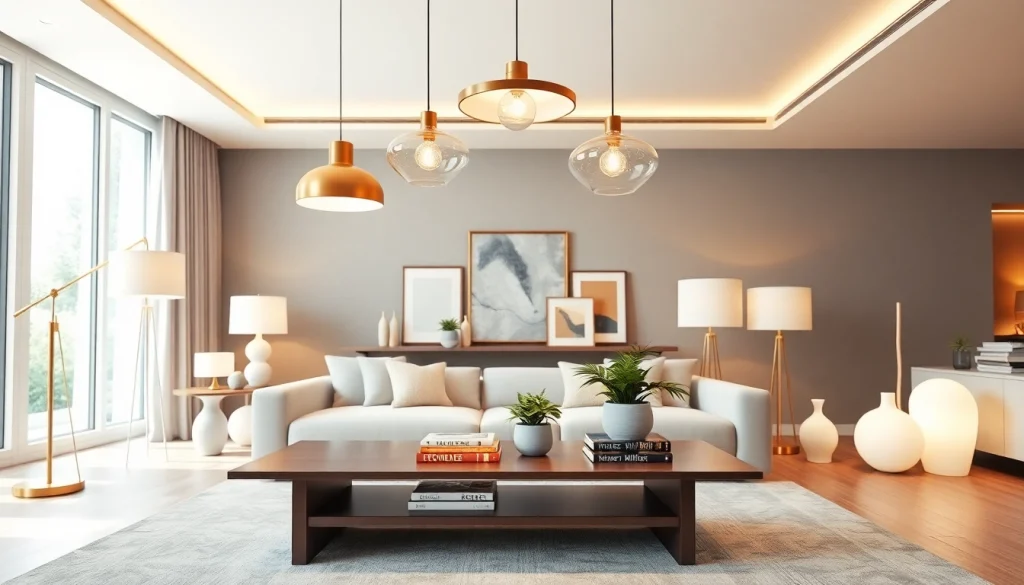 Shop ModernLighting with elegant fixtures illuminating a stylish living room setting.
