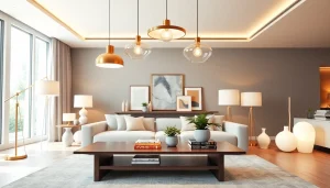 Shop ModernLighting with elegant fixtures illuminating a stylish living room setting.