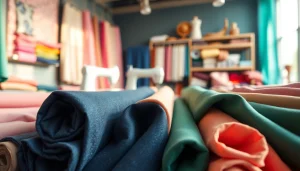 Bekijk dames stoffen online met diverse kleuren en texturen in een modieuze stoffenwinkel.