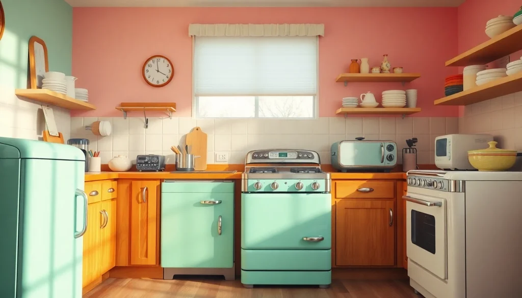Discover retro appliances in a charming kitchen setting, highlighting a vibrant 1950s aesthetic.