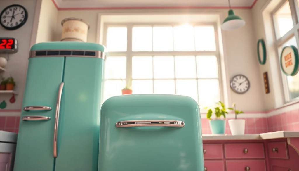 Showcasing a retro appliance in a sunny kitchen with vintage decor and fresh herbs.