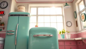 Showcasing a retro appliance in a sunny kitchen with vintage decor and fresh herbs.