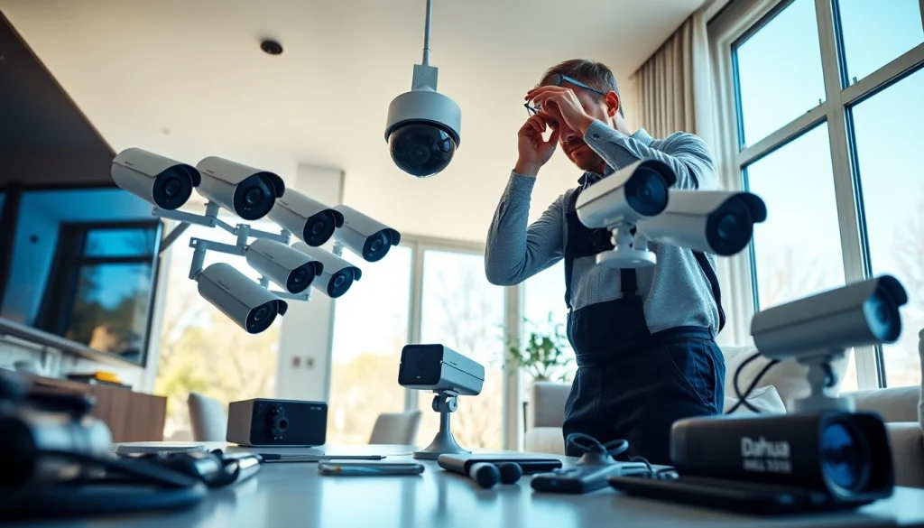 Cámaras Dahua instalándose de forma experta en una casa moderna, destacando características de seguridad avanzadas.