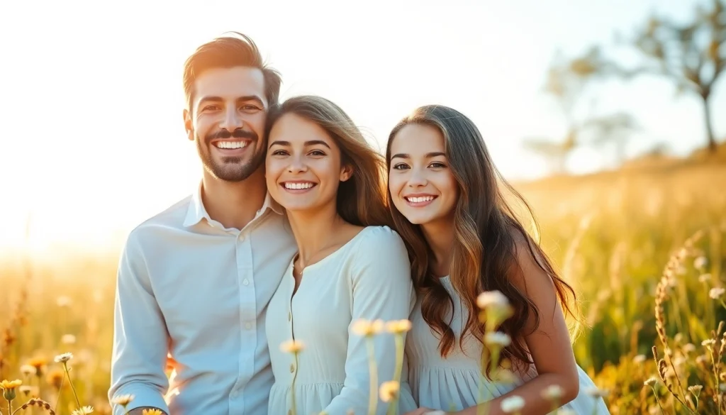 Capture of a joyful family in light & airy photography style amidst a sunlit meadow.