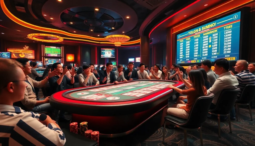 Meja taruhan Togel Sumo dikelilingi para pemain, menampilkan kegembiraan dalam suasana kasino yang hidup.