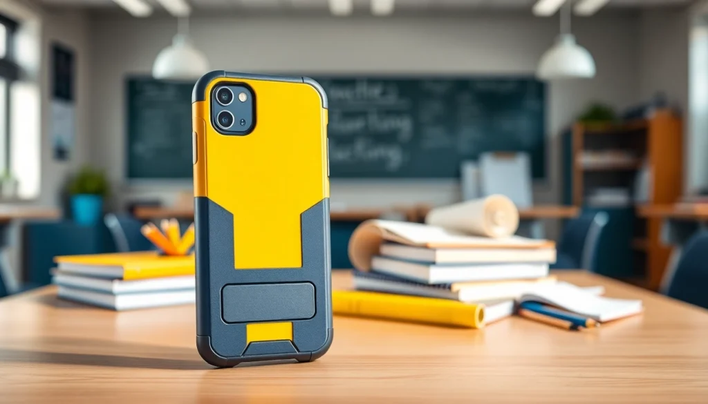 Handytasche Lehrer in einem modernen Klassenzimmer, die Schutz und Stil vereint.