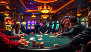 Players enjoying an engaging game of poker at an idnslot casino table with vibrant slot machines.
