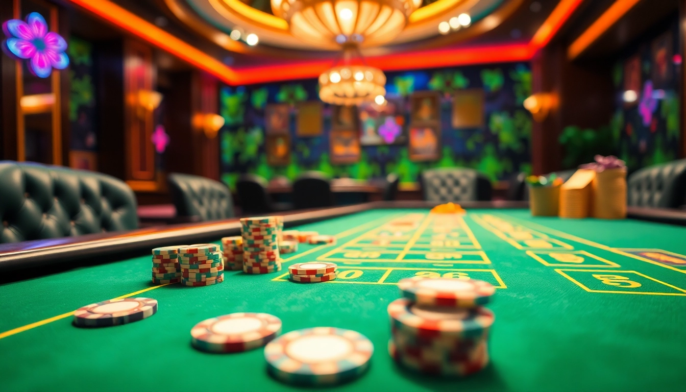 Spiele casino online spiele an einem eleganten Tisch in einem stilvollen Casino-Ambiente mit lebendigen Farben.