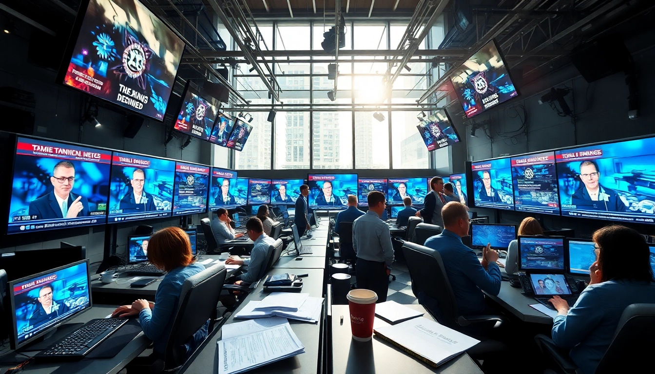 Captivating news scene featuring a journalist amid high-energy newsroom activity.